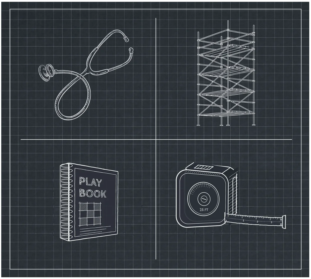 Blueprint drawing with four items: a stethoscope, a scaffold tower, a playbook, and a measuring tape.