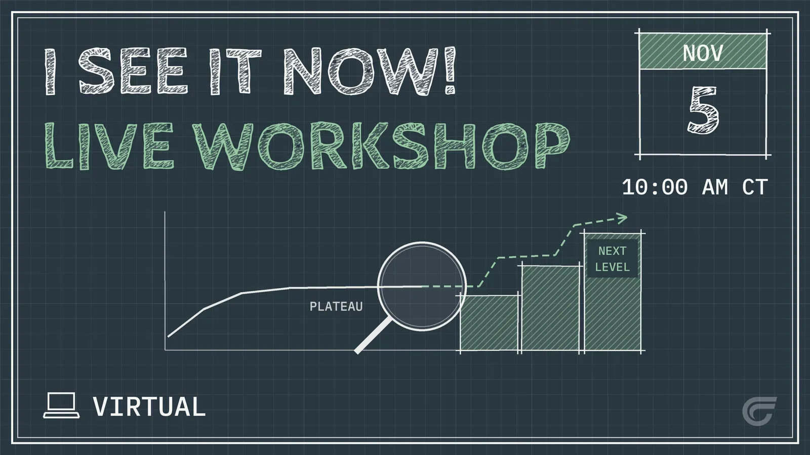 Digital graphic advertising a live virtual workshop on November 5th at 10:00 AM CT, featuring a chalkboard background with white and green chalk-style text and diagrams, including a calendar and progress charts.