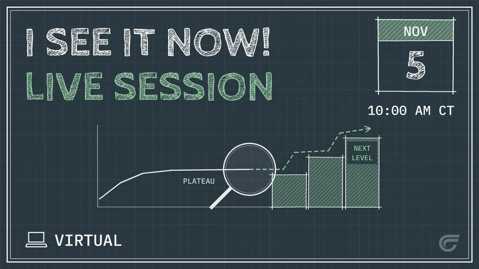 Digital graphic advertising a live virtual workshop on November 5th at 10:00 AM CT, featuring a chalkboard background with white and green chalk-style text and diagrams, including a calendar and progress charts.