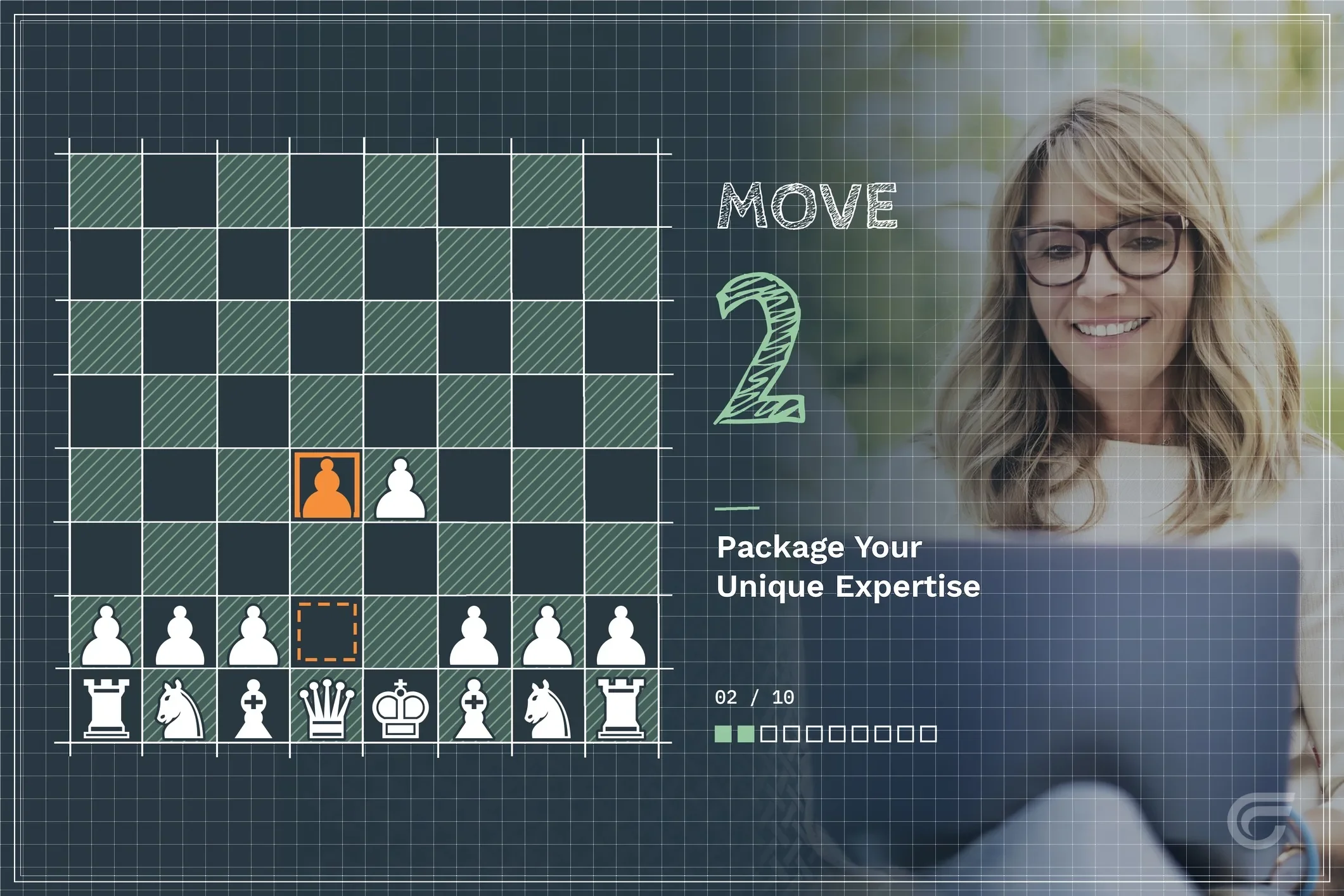 A digital image of a chessboard with some chess pieces and a person with glasses and long hair smiling in the background.