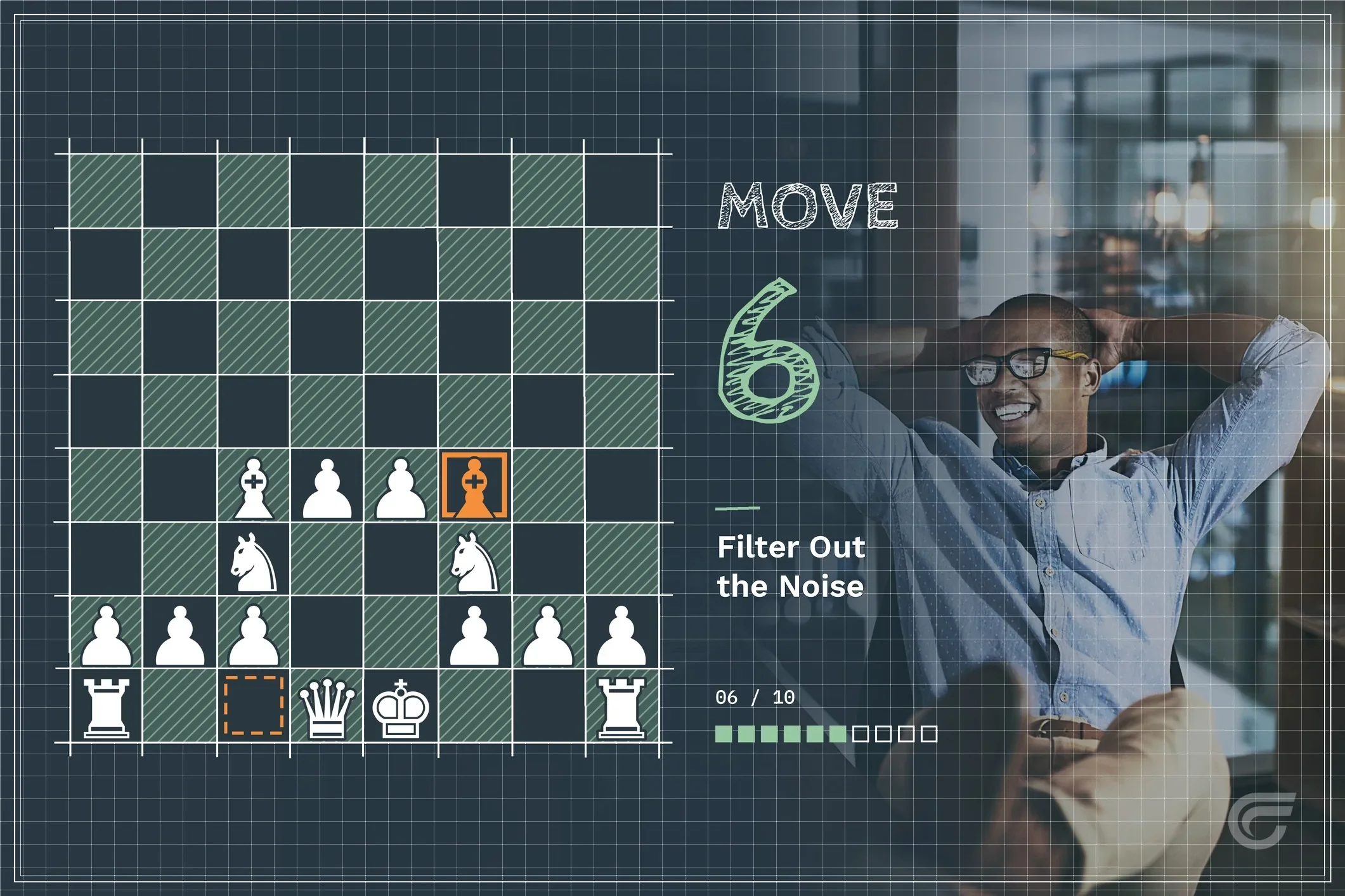 A person smiling and wearing glasses, next to a chessboard with a move highlighted. The background shows a brightly lit indoor environment with a chandelier and large windows.