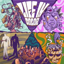 A colorful collage featuring a woman with purple hair, a person and a dog on a journey, a crowd of people, a landscape with a mountain and river, and a statue or figure with sunglasses. Life In Color by Face The Earth