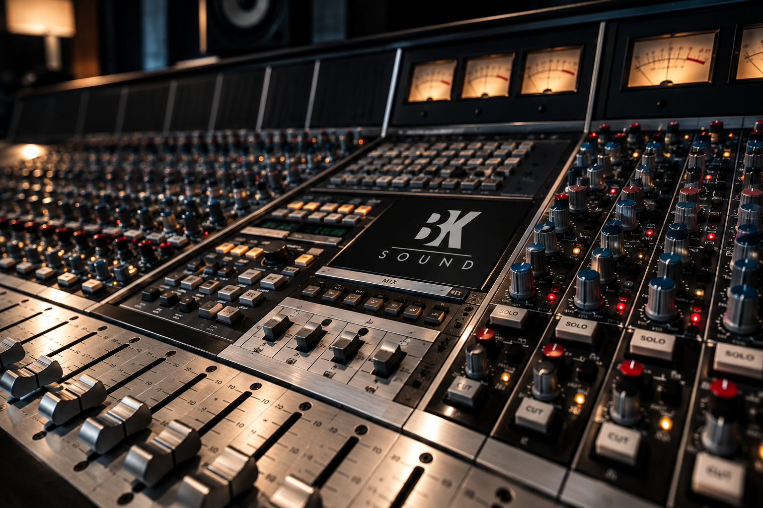 Close-up of a professional audio mixing console with various knobs, sliders, and meters, including branding for BK Sound.