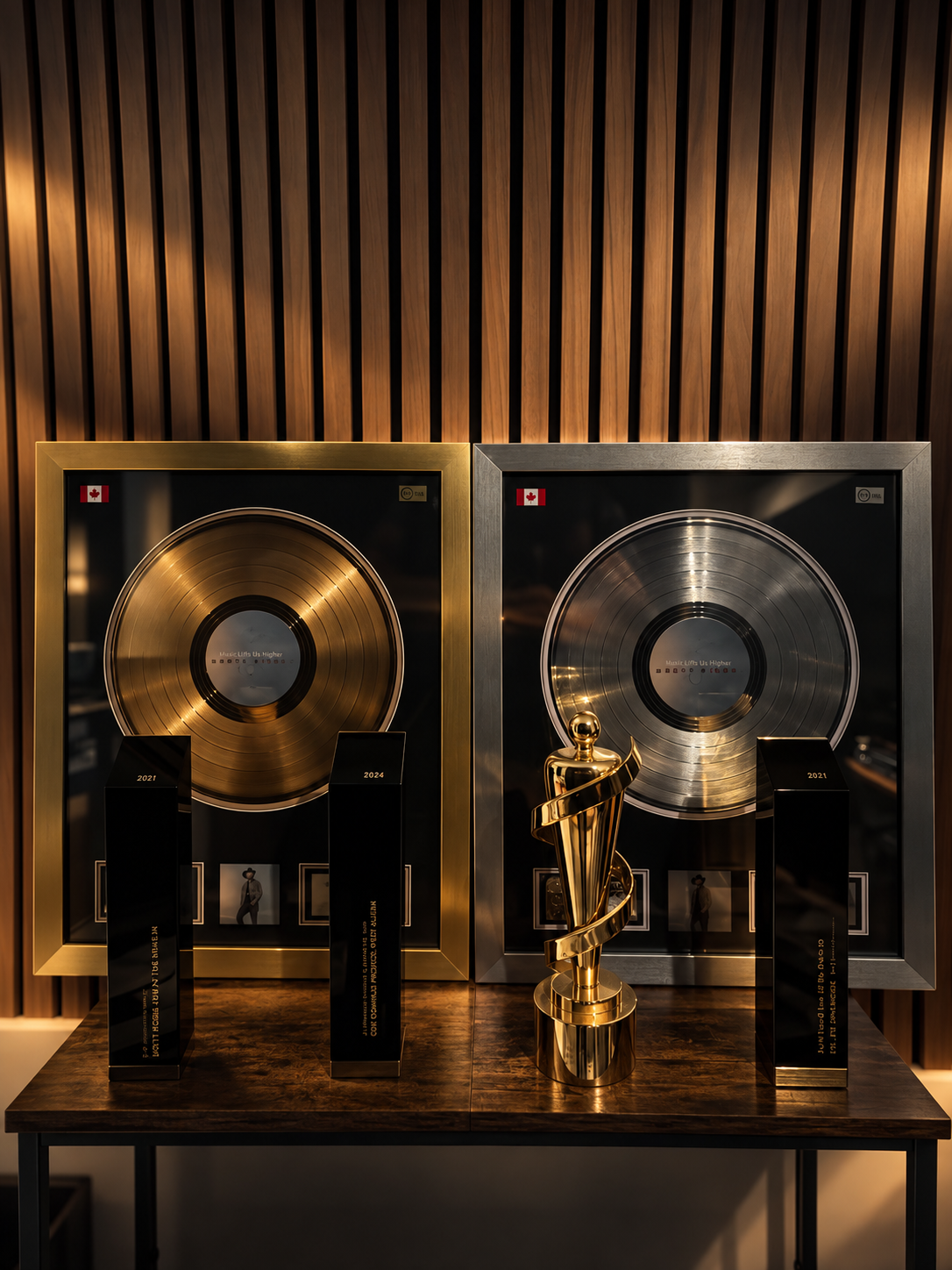 Two framed platinum records with black plaques, a gold trophy, and small framed photographs display on a wooden table against a wood-paneled wall. JUNO Award. CCMA Award. Gold Record. Platinum Record
