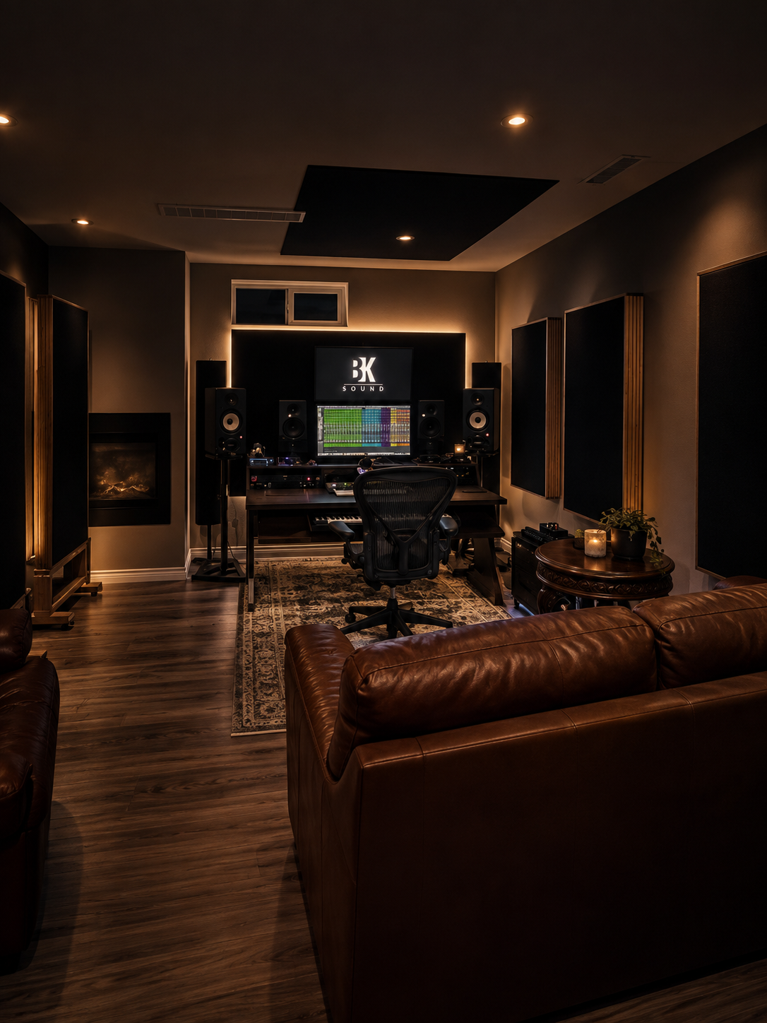 A professional home recording studio with a computer monitor showing digital audio workstations, surrounded by studio speakers, acoustic panels, a leather couch, and ambient lighting.