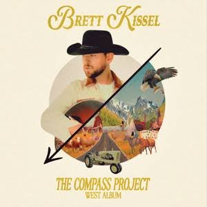 Album cover for Brett Kissel's 'The Compass Project: West Album' with a man wearing a black hat and white shirt, divided diagonally by an arrow; one side shows a desert landscape and the other side a mountain scene with animals and a vintage truck.