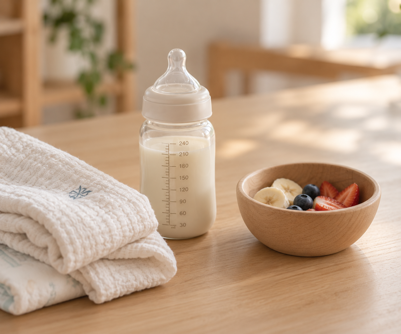 Baby bottle, diapers and fresh fruit representing all-inclusive infant and toddler care.