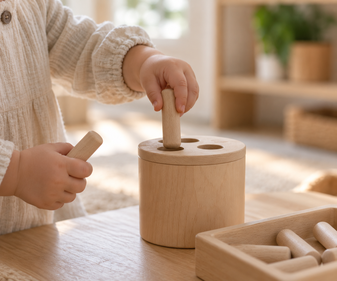 Toddler placing wooden dowels into a container during focused Montessori work.