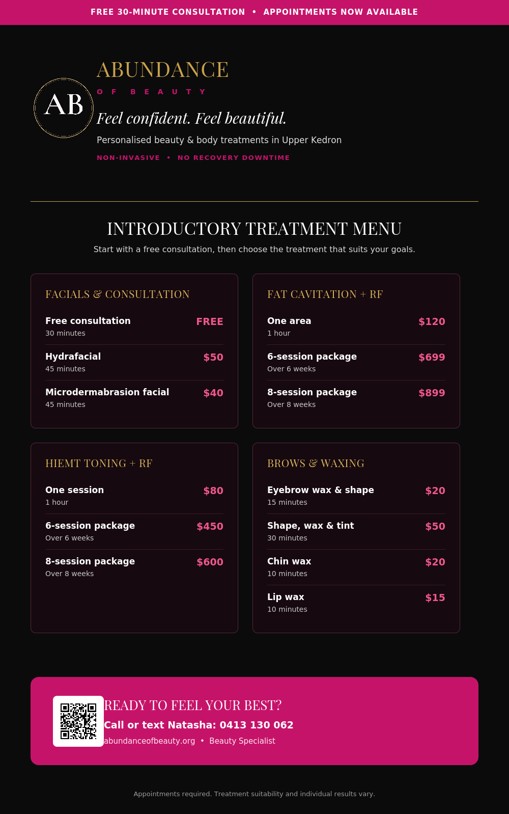 Beauty clinic menu featuring treatment options and prices, including facials, fat cavitation, RF toning, and waxing, with a contact QR code and promotional text at the top and bottom.