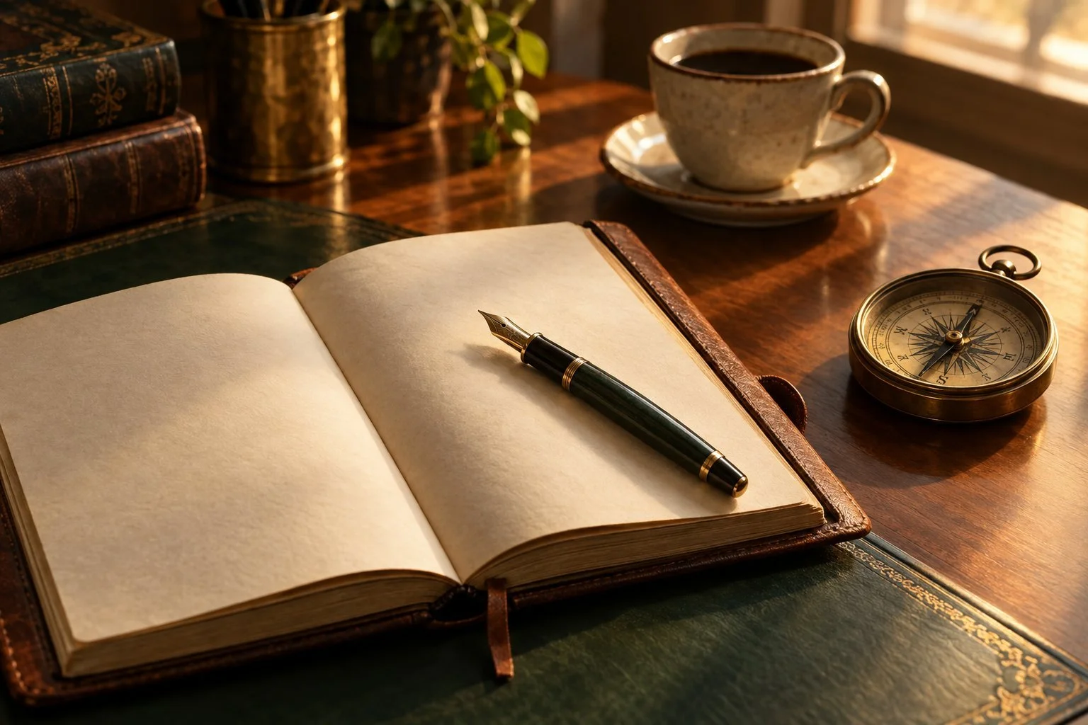 Open journal and pen on a desk beside a cup of coffee