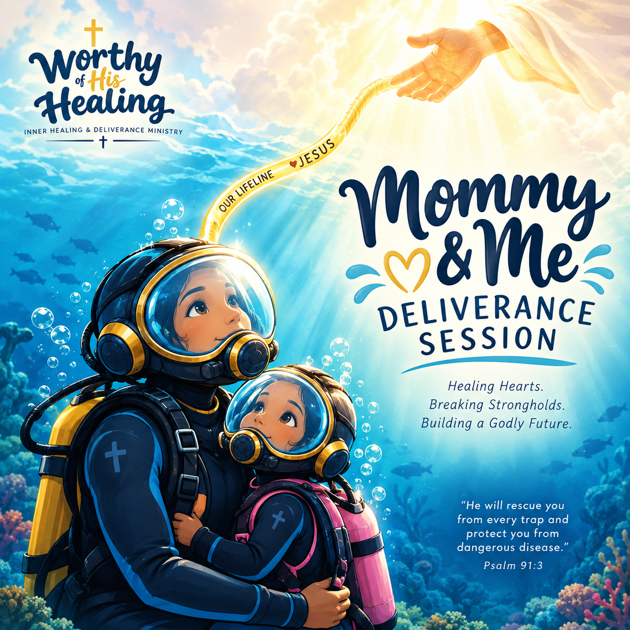 Illustration of a mother and her child in scuba gear surrounded by an underwater scene with fish and coral, with text promoting a religious deliverance session for healing, break strongholds, and building a godly future.