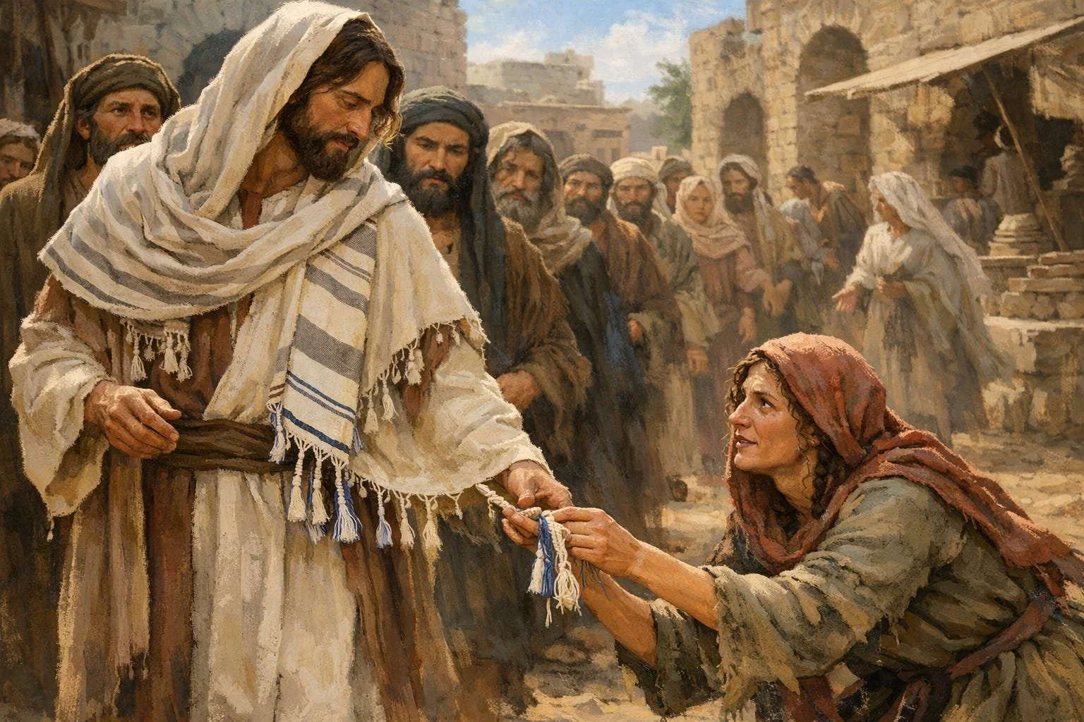 A painting depicts a biblical scene of Jesus Christ giving a woman a small item, possibly a coin, with onlookers in the background.