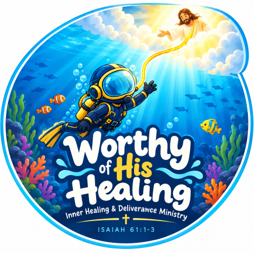 An underwater scene with a diver in a blue and yellow suit reaching towards Jesus Christ, depicted in the clouds with a glowing light, surrounded by colorful coral and fish, with text 'Worthy of His Healing' and a Bible verse reference Isaiah 61:1-3.