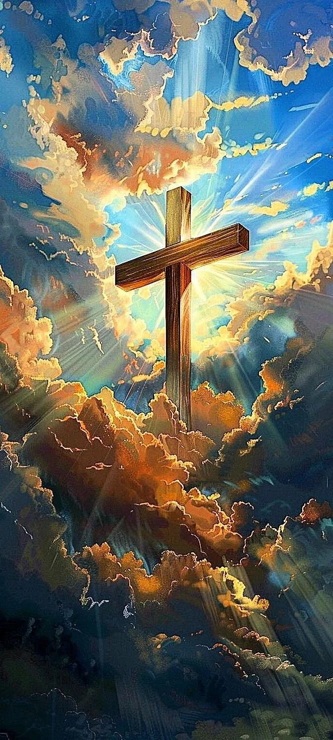 A wooden cross shining with sunlight amidst a colorful sky filled with clouds and rays of light.