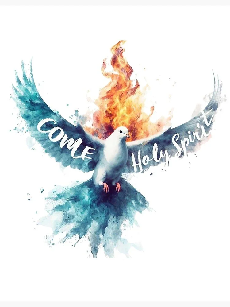 Watercolor illustration of a dove with a fiery background and the text 'Come Holy Spirit' on its wings.