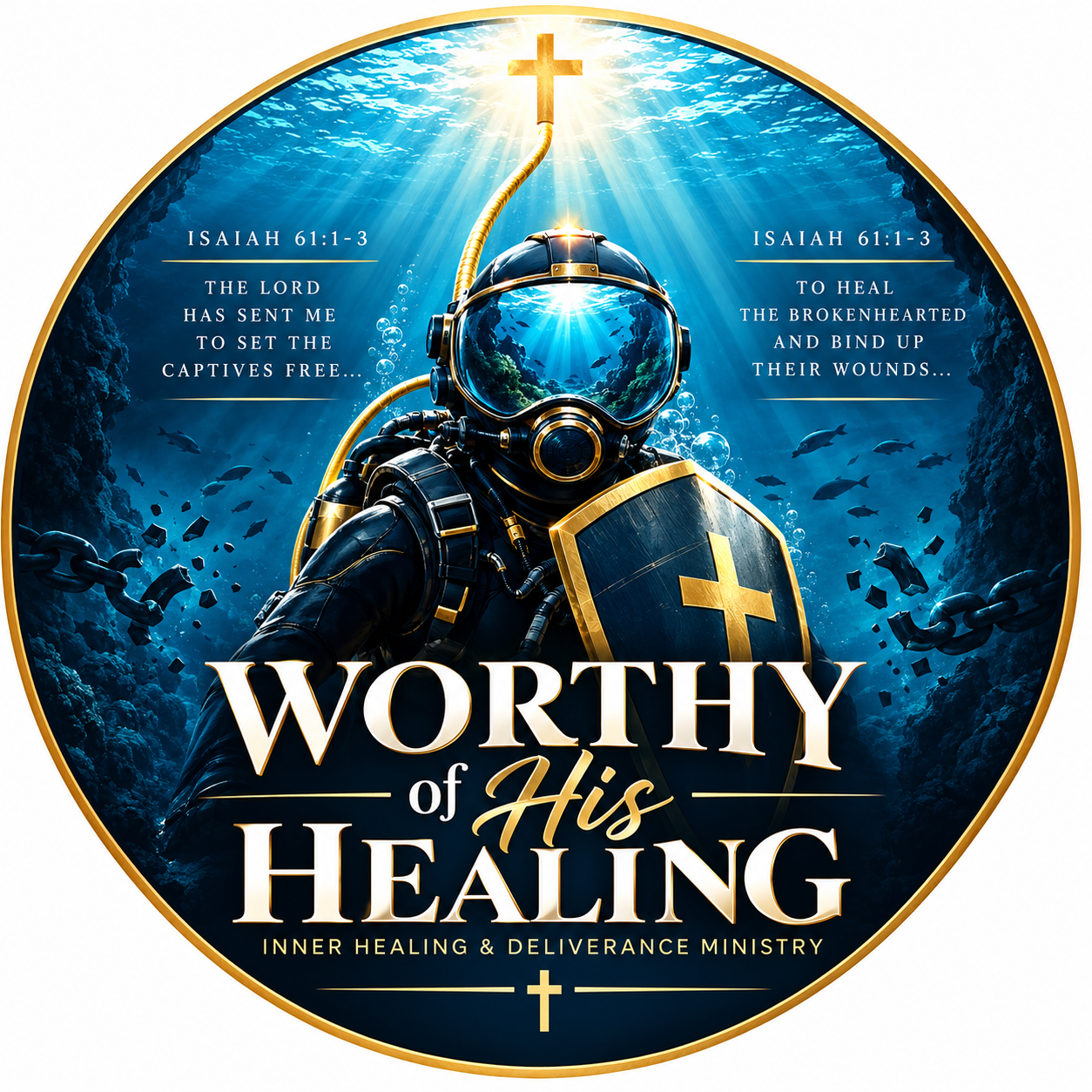 A graphic of an underwater scene with a scuba diver holding a shield with a cross, rays of light from above shining down, and a background of fish and rocks. Text mentions Isaiah 61:1-3 and describes healing and setting captives free. The central text reads "Worthy of His Healing" and is associated with Inner Healing & Deliverance Ministry.