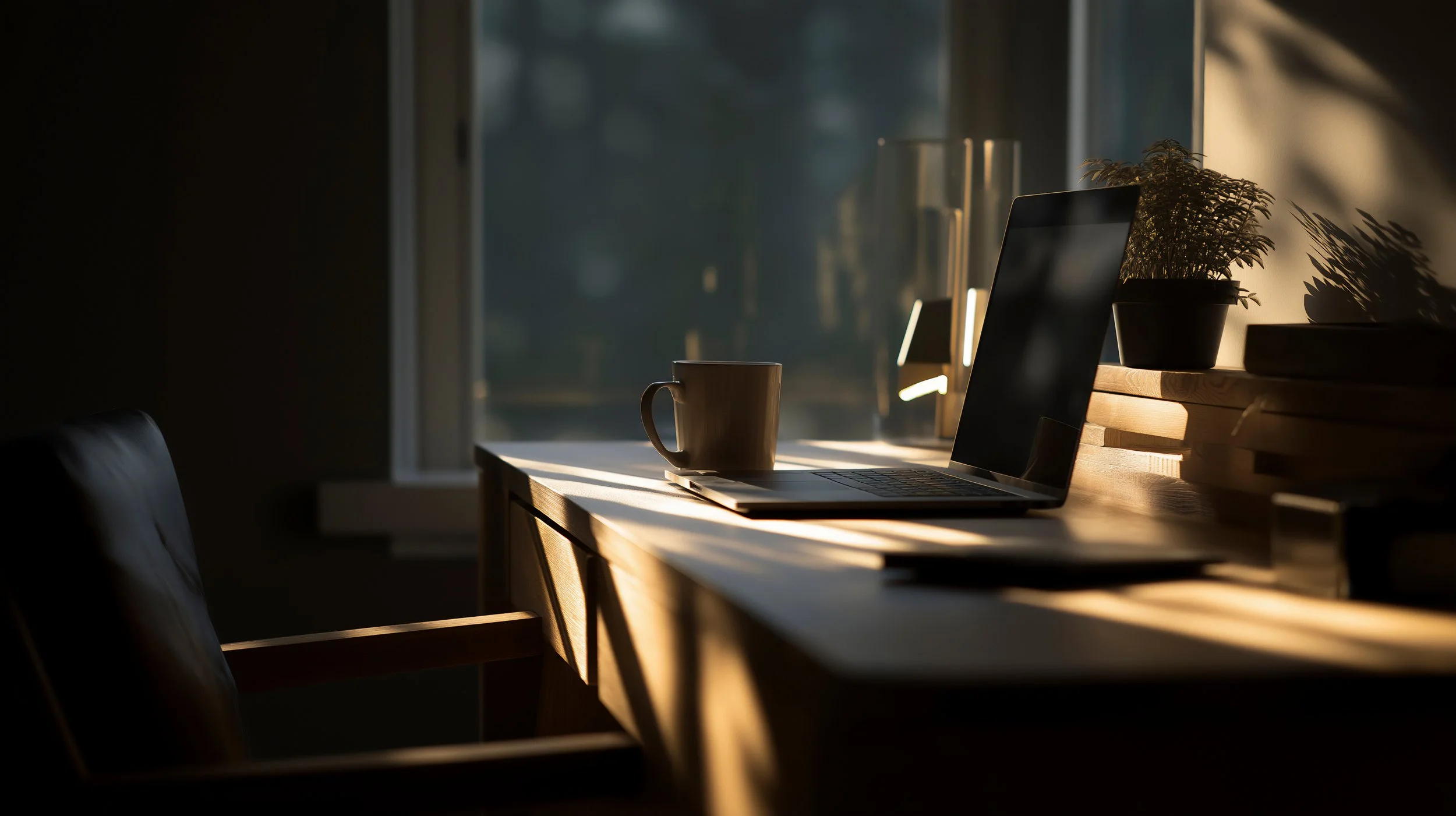 A laptop and a coffee mug on a wooden table with sunlight streaming through a window, casting shadows.