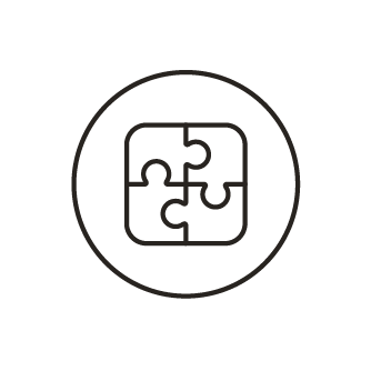 Icon of four puzzle pieces forming a square inside a circle.