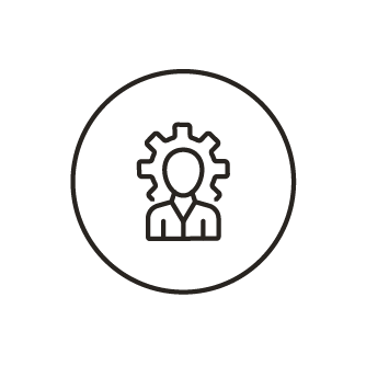 Icon of a person with gears above their head inside a circle, representing ideas or innovation.