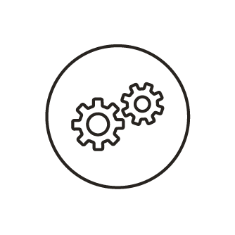 Icon of two gears inside a circle on a black background.