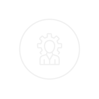 Icon of a person with a gear over their head, enclosed in a circle, on a black background.
