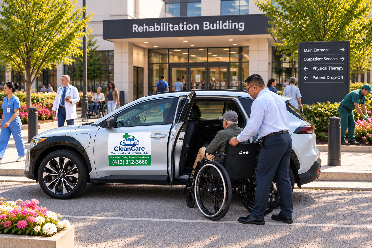 A man in a white shirt assisting an elderly man in a wheelchair into a medical transportation vehicle parked outside a rehabilitation building. The vehicle has a logo for CleanCare Transport & Errands, LLC. The background shows people walking and medical staff near the entrance of the building.
