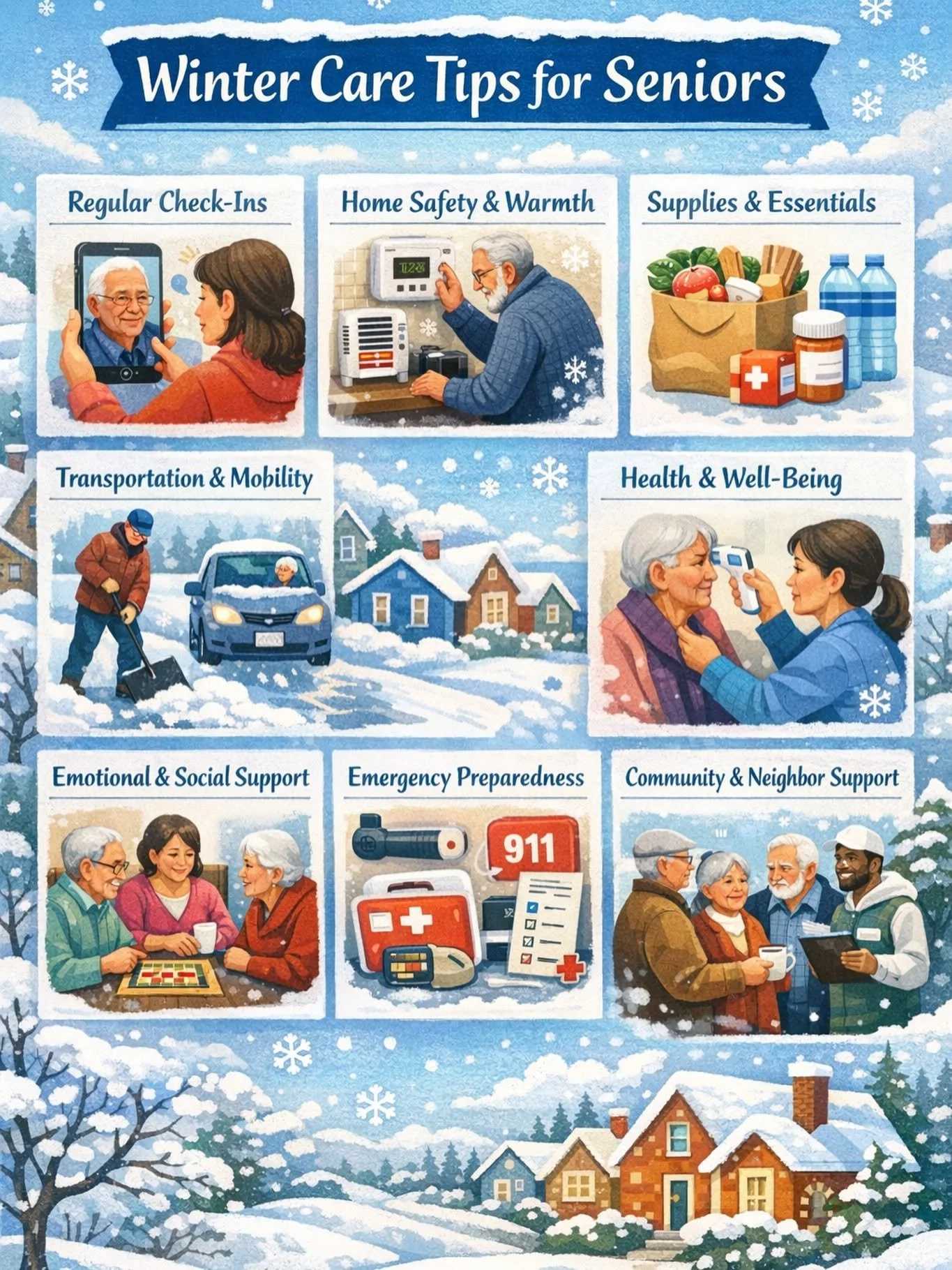 Winter care tips for seniors poster with illustrations of seniors engaging in various activities such as using technology, heating home safely, grocery shopping, shoveling snow, checking temperature, socializing, and emergency preparedness, set against a snowy landscape with houses and snow-covered trees.