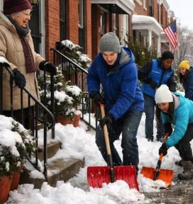 People shoveling snow on a city sidewalk, with snow-covered plants and brick buildings, and an American flag in the background.