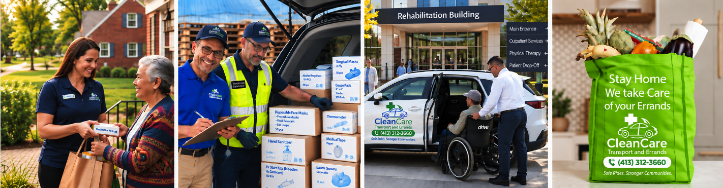 A collage of four images showing community health and wellness activities. The first image shows a healthcare worker giving a medication pack to an elderly woman in a park. The second image depicts two workers in blue shirts and safety vests at a delivery station with boxes of medical supplies. The third image shows a person in a wheelchair being assisted into a rehab building by a staff member. The fourth image features a green tote bag with groceries and a sign promoting Stay Home and Care for Errands, with the CleanCare logo and contact number.