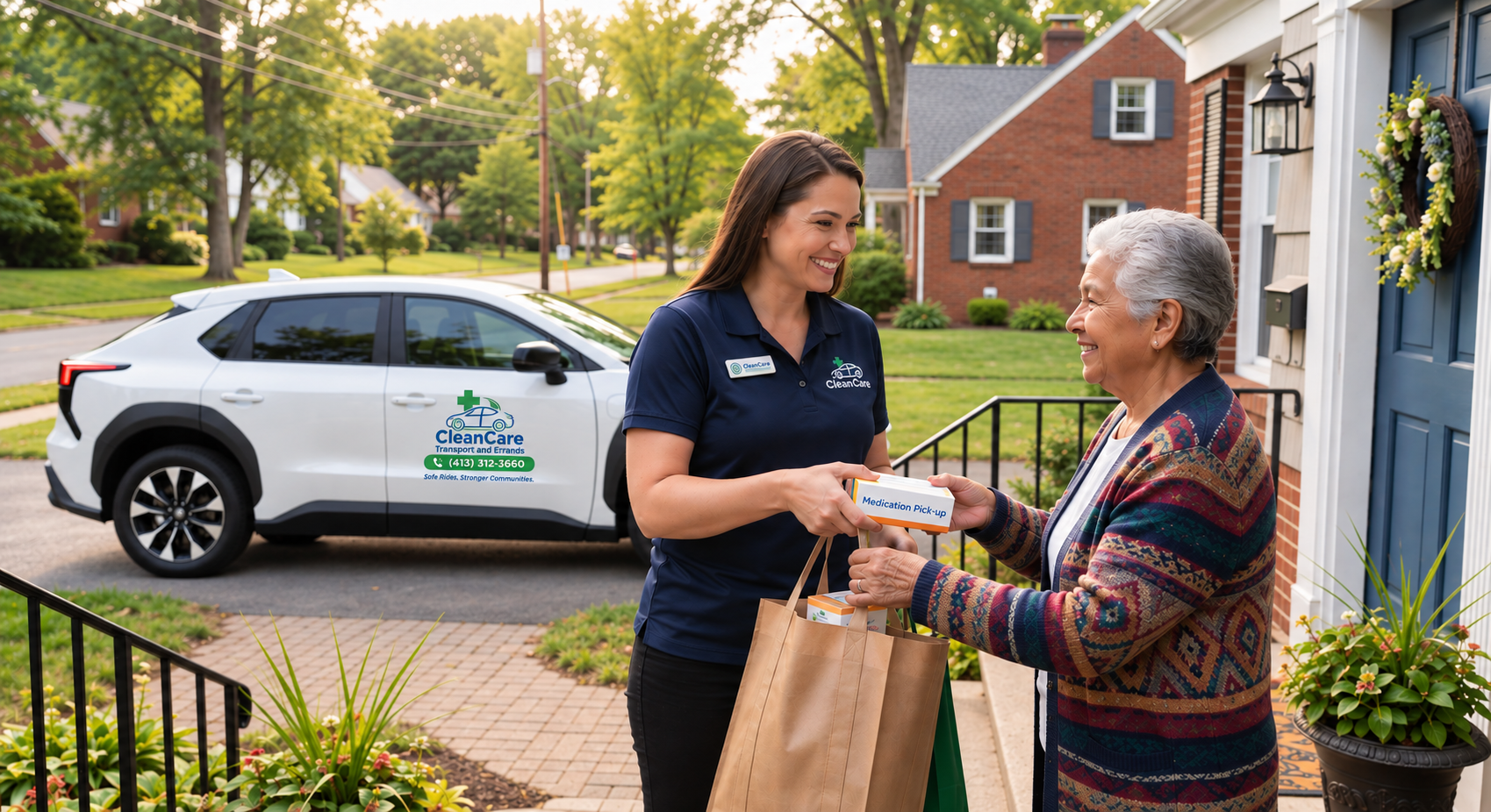 A healthcare worker hands medication to an elderly woman outside her home, with a vehicle labeled 'CleanCare Transport and Errands' parked behind them in a suburban neighborhood.