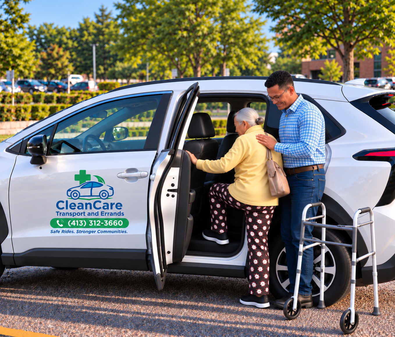 An elderly woman with white hair using a walker is getting into a white transport van with a caregiver assisting her. The van has a logo for CleanCare Transport and Errands with a phone number and slogan. They are in a parking lot with trees and other vehicles in the background.