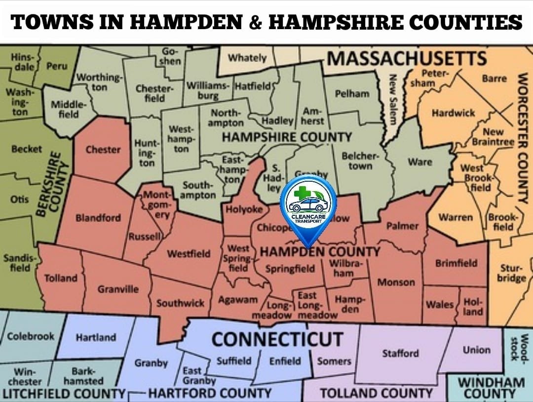 Map of towns in Hampden and Hampshire Counties in Massachusetts, with a marker labeled 'Clearance Transport' in Hampden County.