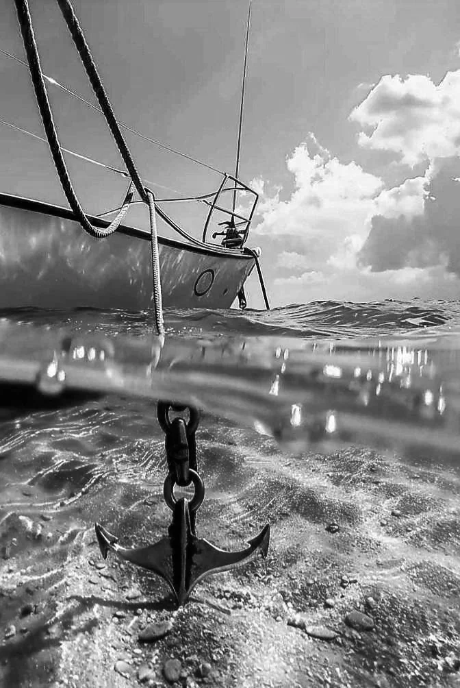 Black and white photo of a boat floating on water, with an anchor hanging below the surface and the sky with clouds above.