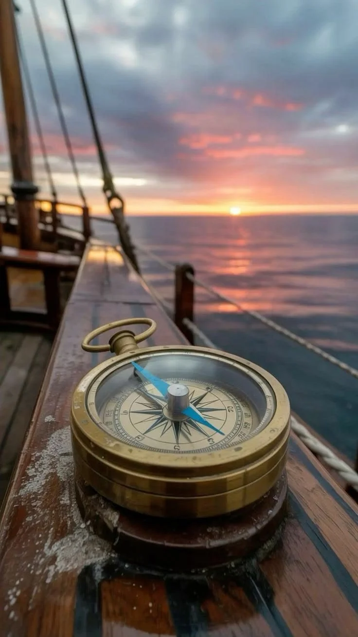 A vintage brass compass on a wooden ship deck overlooking the ocean at sunset.