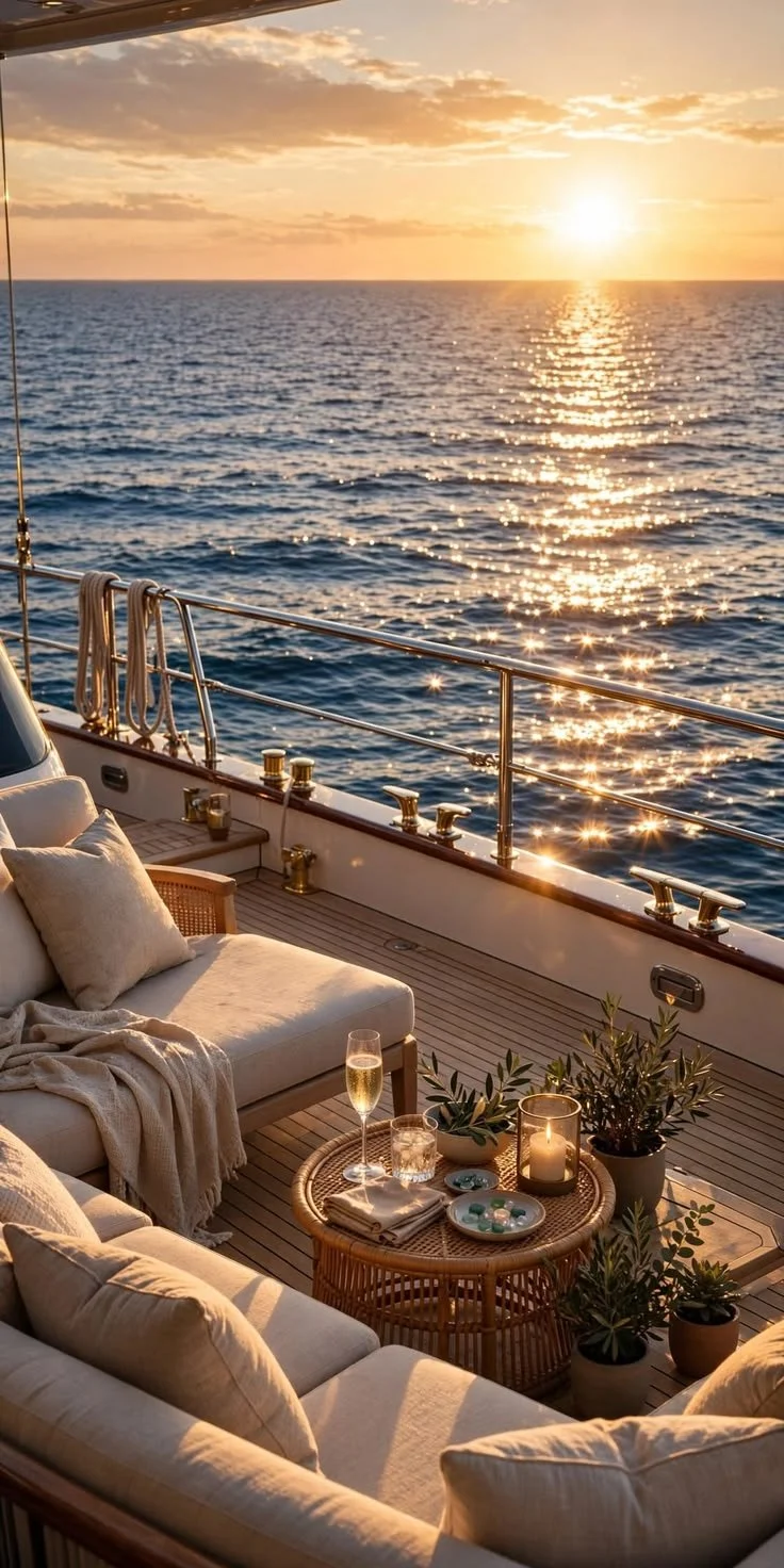 Sunset view from a boat deck with comfortable seating, a small table holding drinks, candles, and potted plants, overlooking a calm ocean.