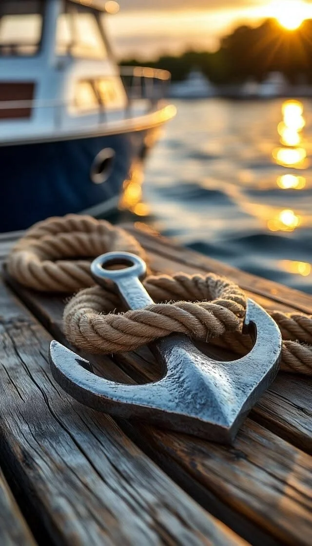 Close-up of an anchor with a thick rope on a wooden dock at sunset, with a boat and water in the background.