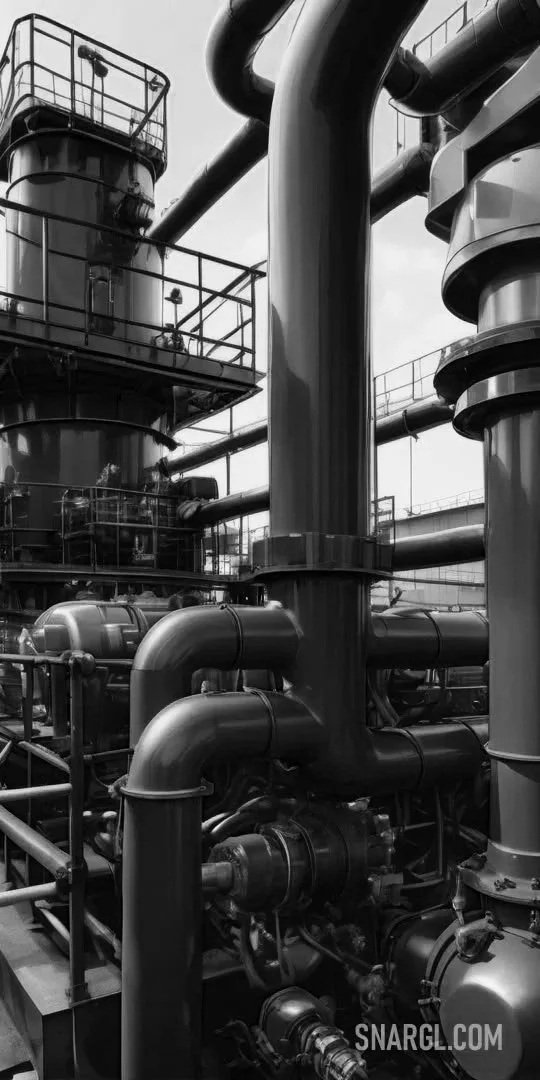 Black and white industrial scene with large pipes, valves, and structural platforms in a manufacturing or processing plant.