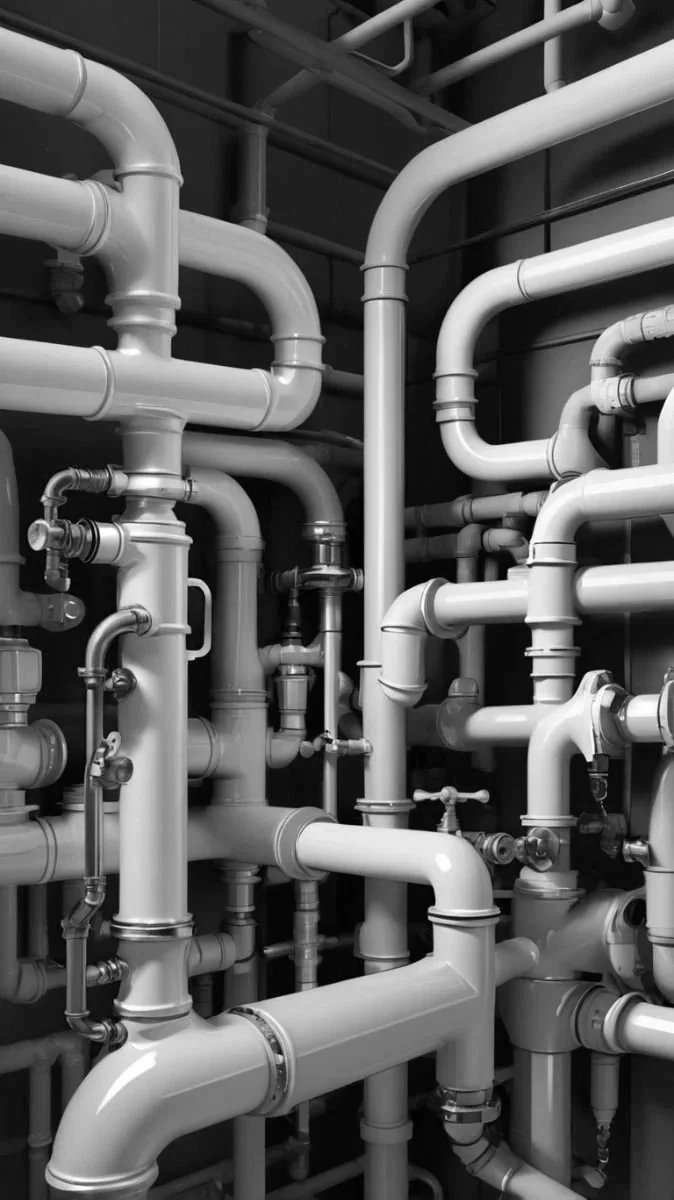 A maze of white industrial pipes and valves in a mechanical room or utility space.