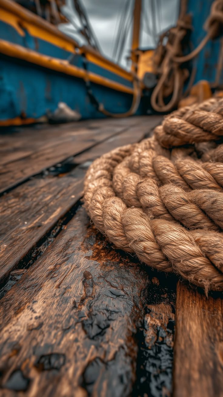 Close-up of a thick, tan rope made of natural fibers on a wooden ship deck with weathered planks, with blurred ship parts in the background.