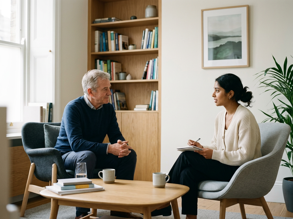 A therapist or counselor and a client having a conversation in a well-lit, cozy office. The therapist takes notes while the client listens attentively.