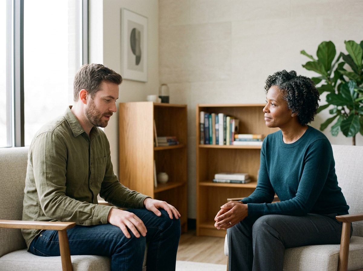 A therapist and a client sitting and talking in a therapy session in a cozy, well-lit room with bookshelves and a large plant.