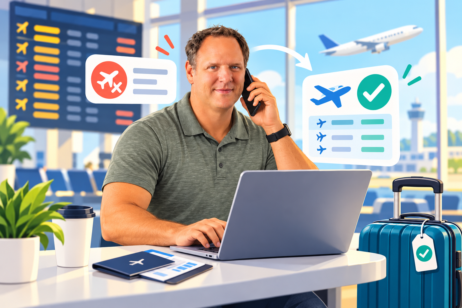 Keith resolving a cancelled flight and reorganizing travel plans for a customer