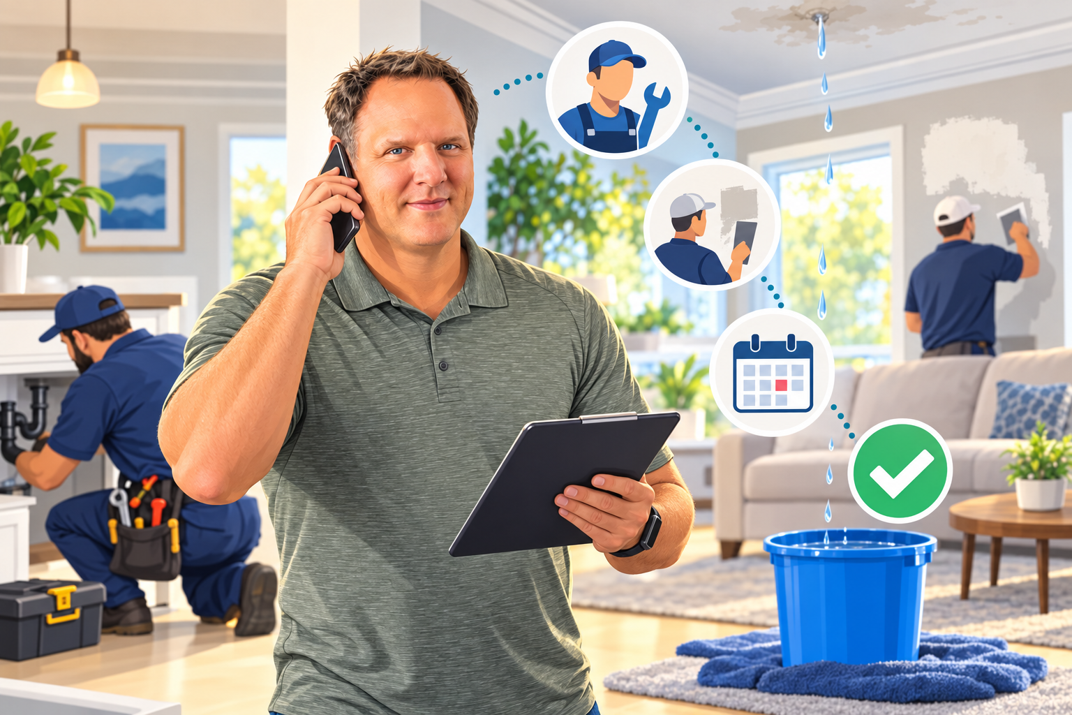 Keith coordinating a plumber and repair professional during a household water leak