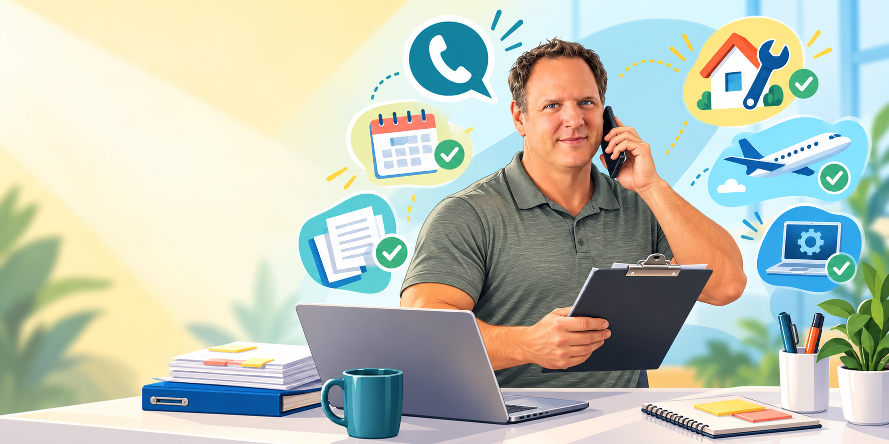 Keith handling customer service calls, travel, home repairs, paperwork, and technology