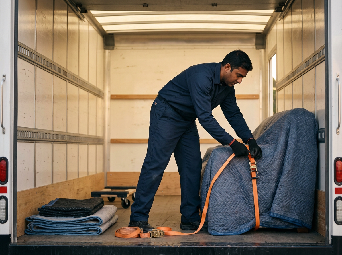 A man wearing a navy blue uniform is securing a large, covered object with straps inside the back of a moving truck.