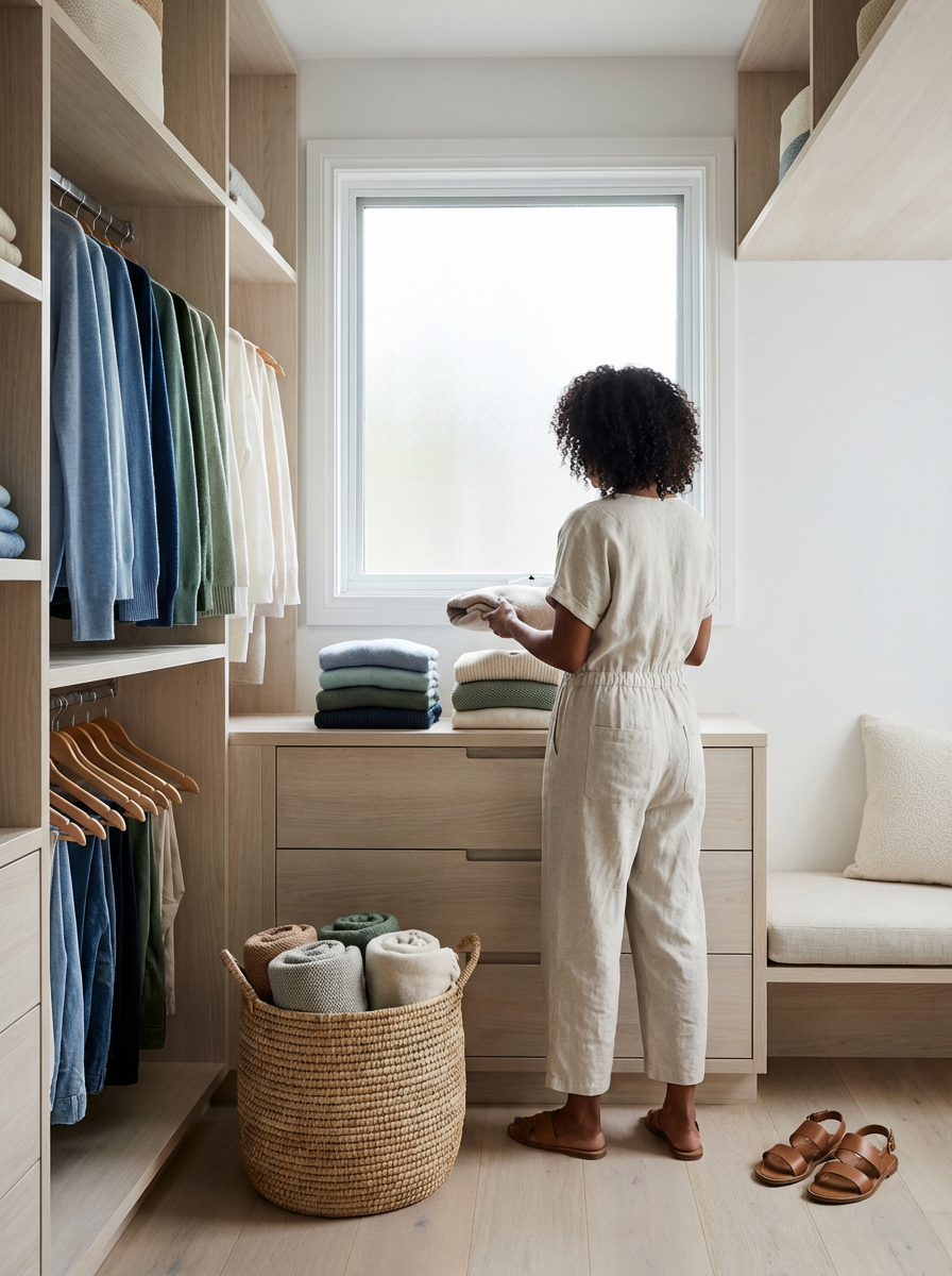A woman organizing laundry in a walk-in closet with beige wooden shelves, a basket of rolled towels, and a window providing natural light.