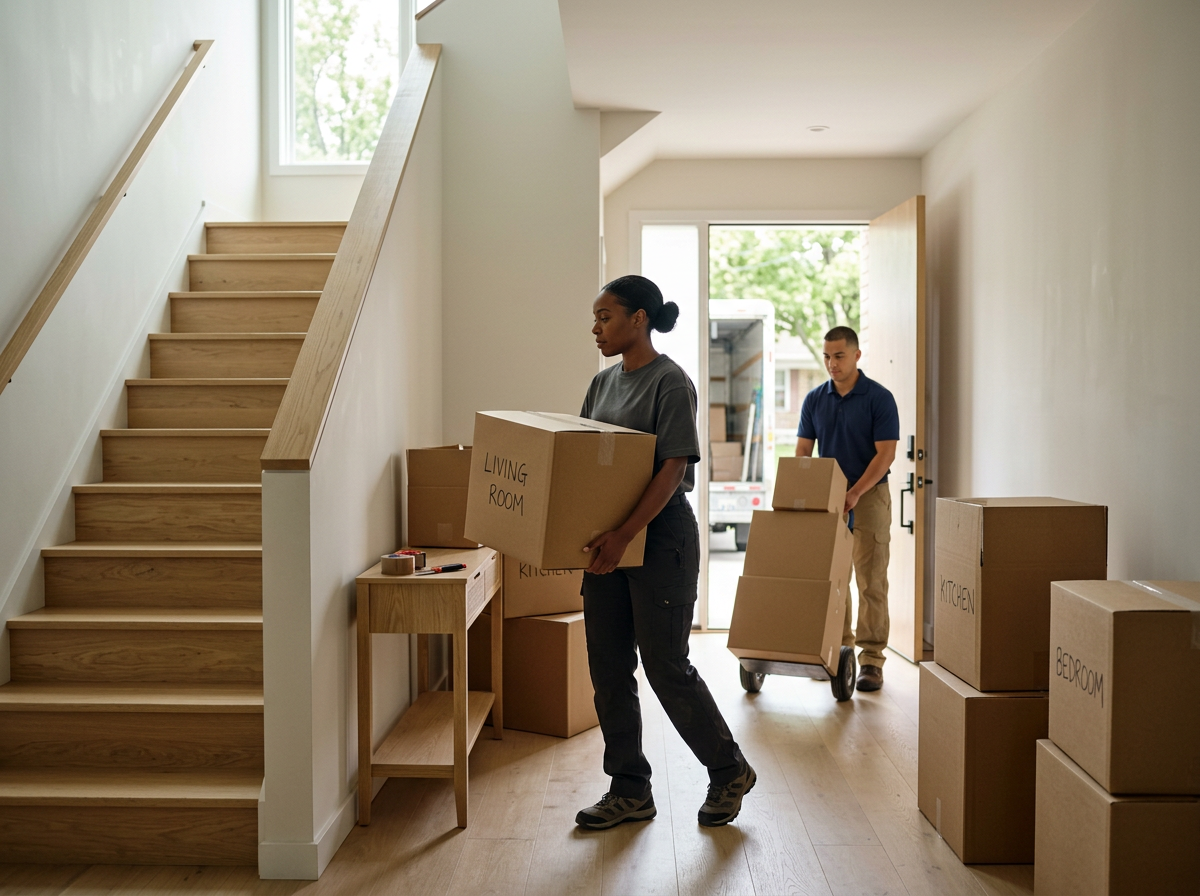 Two people working to move boxes into a house. One woman is carrying a box labeled 'Living Room' near a staircase, and a man is pushing a dolly with boxes near the open front door.