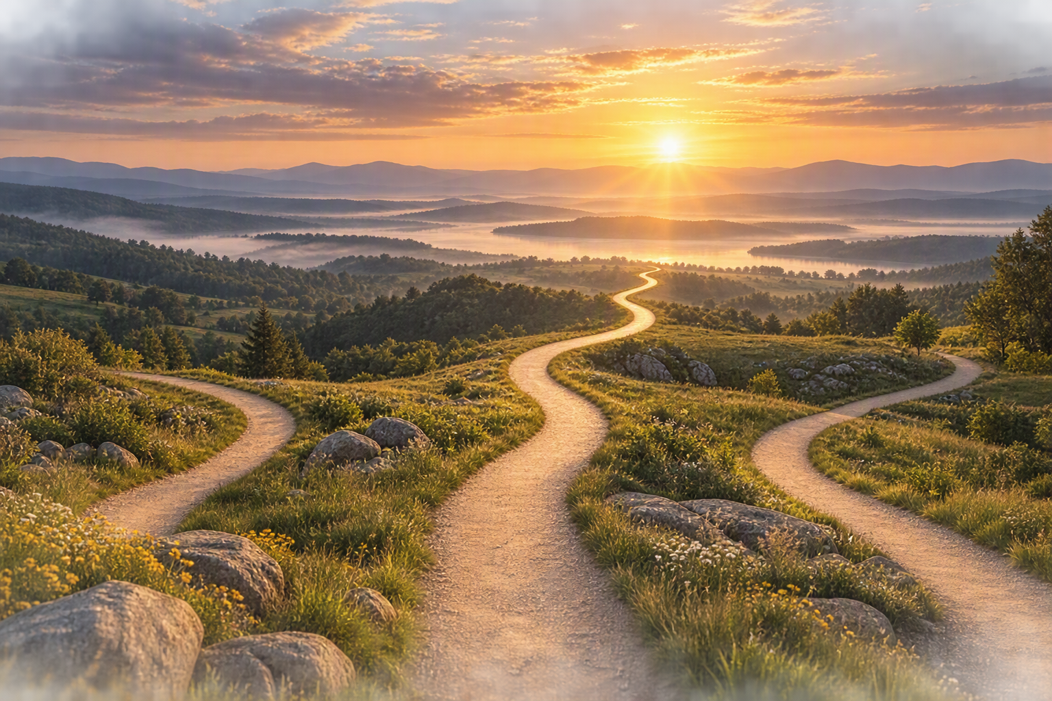 Three pathways merging into a single road at sunrise, symbolizing organizational alignment, shared purpose, and leadership.