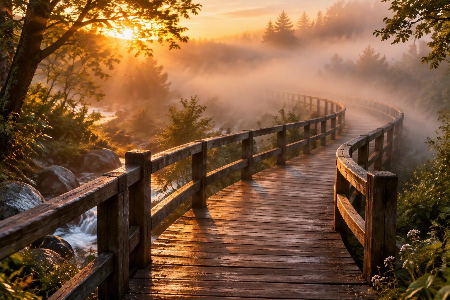 Curving wooden bridge disappearing into morning fog at sunrise, symbolizing curiosity, compassion, and understanding unseen realities.