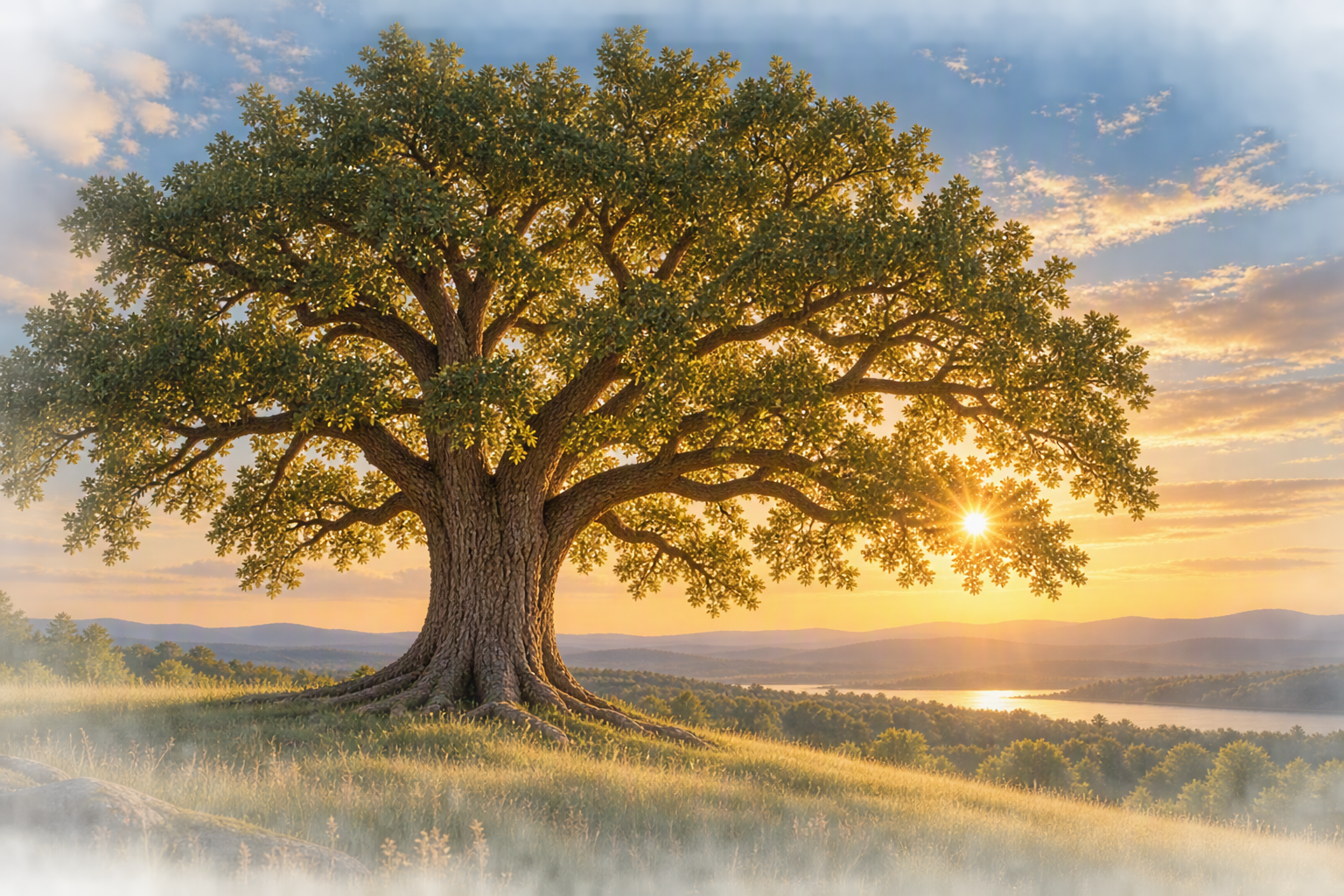 Mature oak tree at sunset, symbolizing strength, growth, and legacy